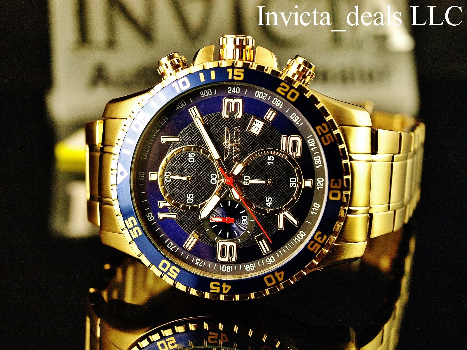 Invicta Men’s 45mm Specialty Chronograph 18K Gold Plated Blue Dial SS Watch