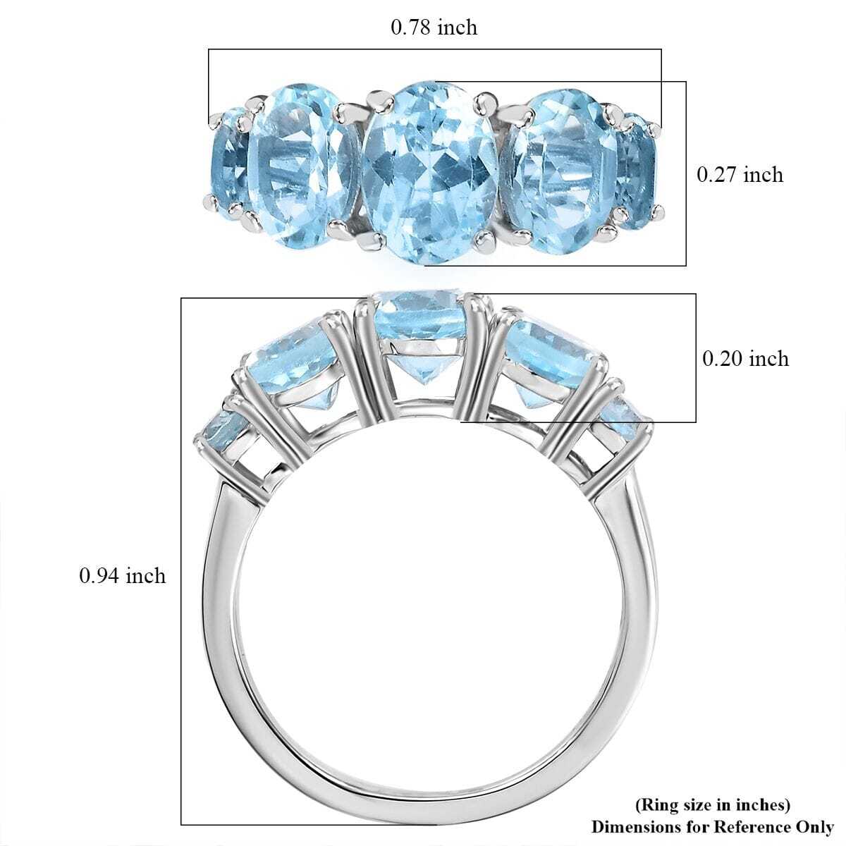 3.85ctw Sky Blue Topaz 5 Stone Ring Platinum Plated Sterling Silver Size 7