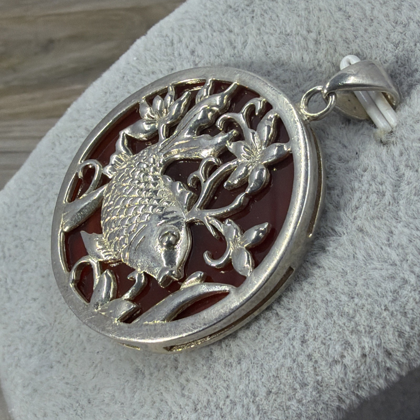 Vintage Sterling Silver Koi Fish Carnelian Pendant Round Filigree Medallion