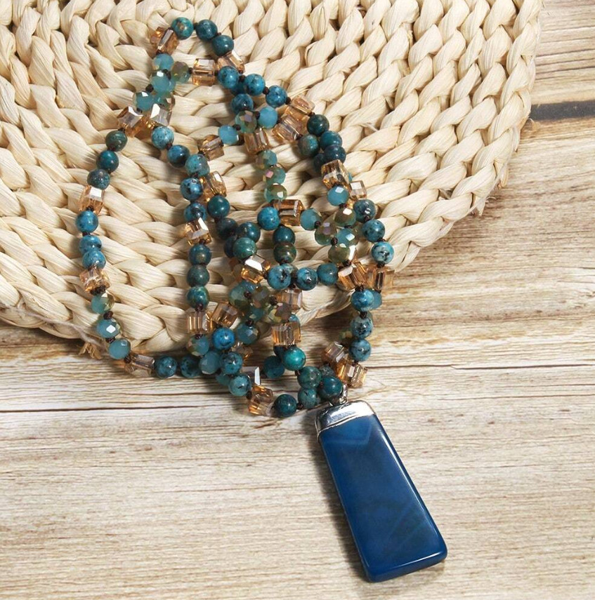 Turquoise Chrysocolla Beaded Necklace with Blue Agate Pendant 19″ *NEW* Stone