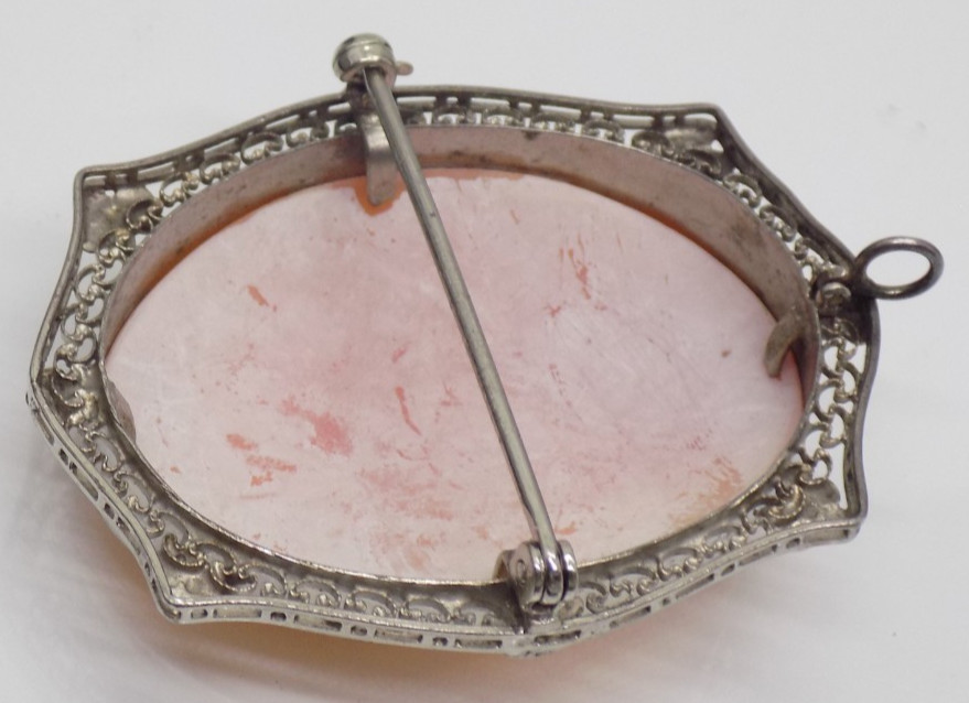 Antique 800 Silver Cameo Carved Maiden Filigree Floral Brooch Pin Pendant