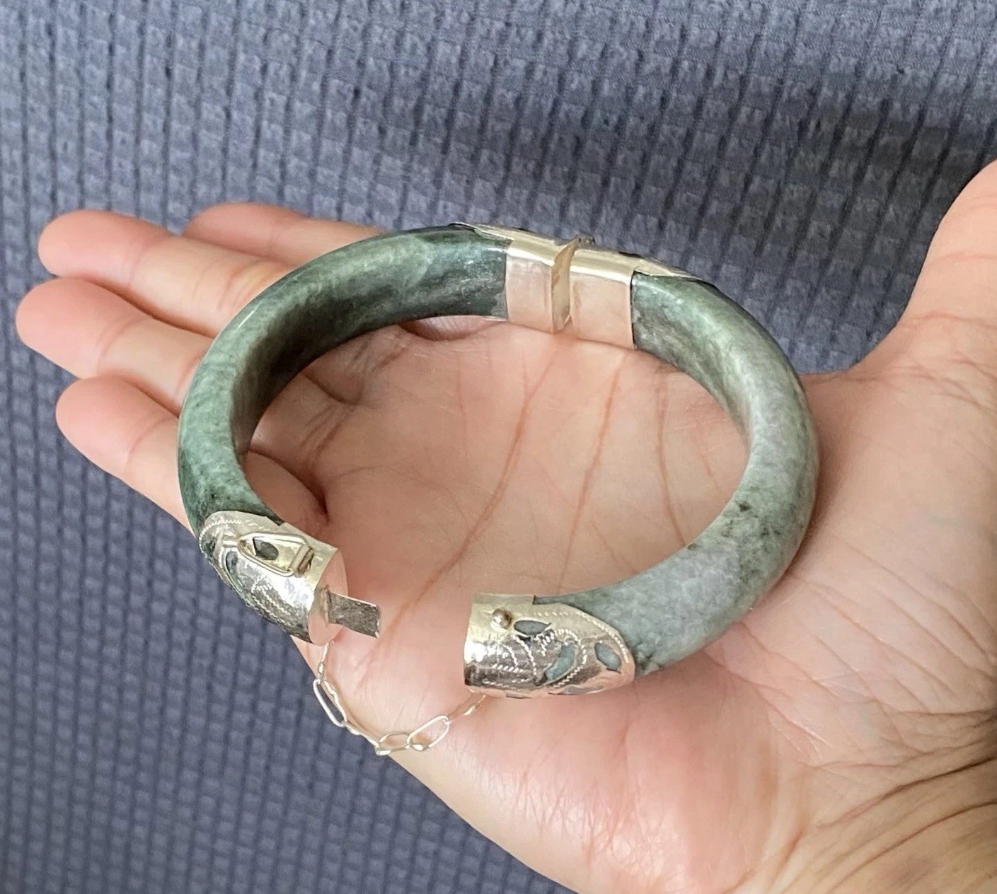7.1 ” 925 Silver Handmade Genuine Burmese Jade Women Bangle Bracelet US SELLER