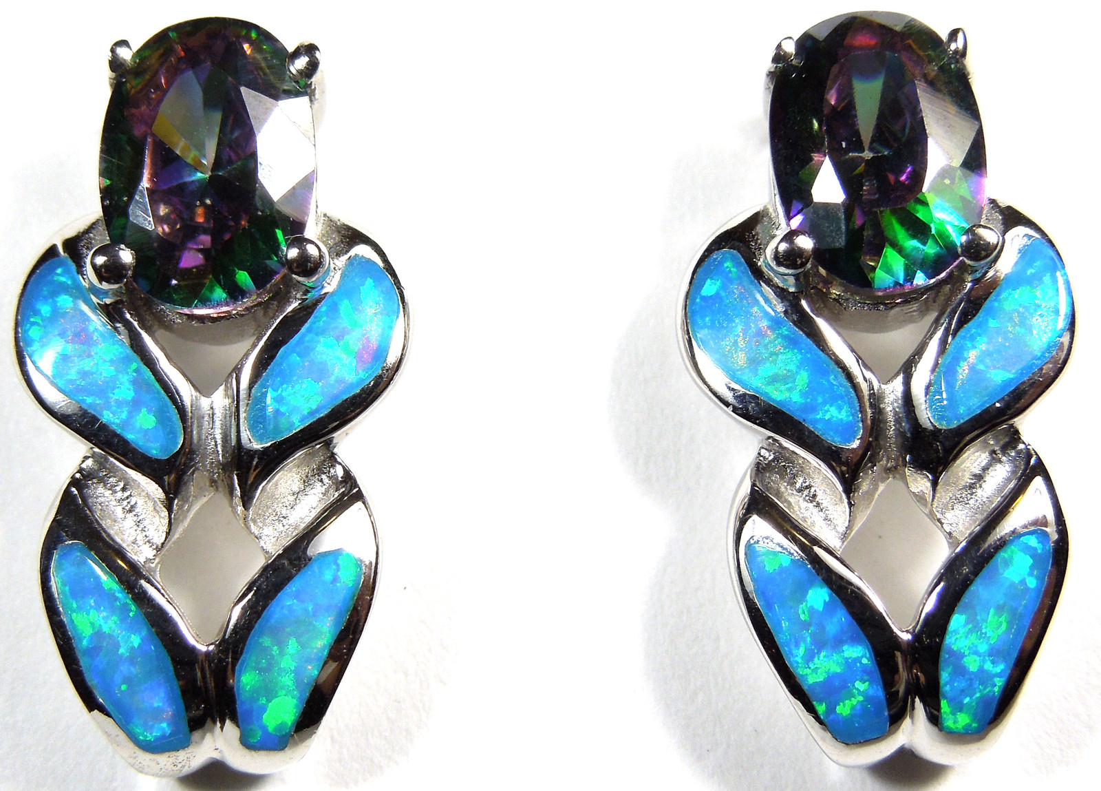 Rainbow Topaz and Blue Fire Opal Inlay 925 Sterling Silver Stud Post Earrings