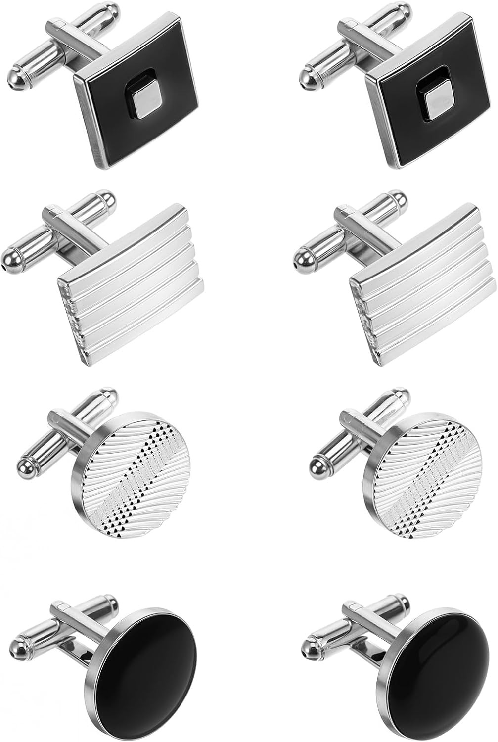 8 Pcs Men’s Classic Cufflinks Cuff Links for Men Silver Black Striped Disc Squar