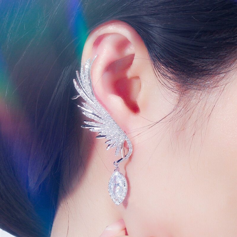 Women Silver Plated Cubic Zircon Dangle Drop Long Feather Wing Ear Cuff Earrings