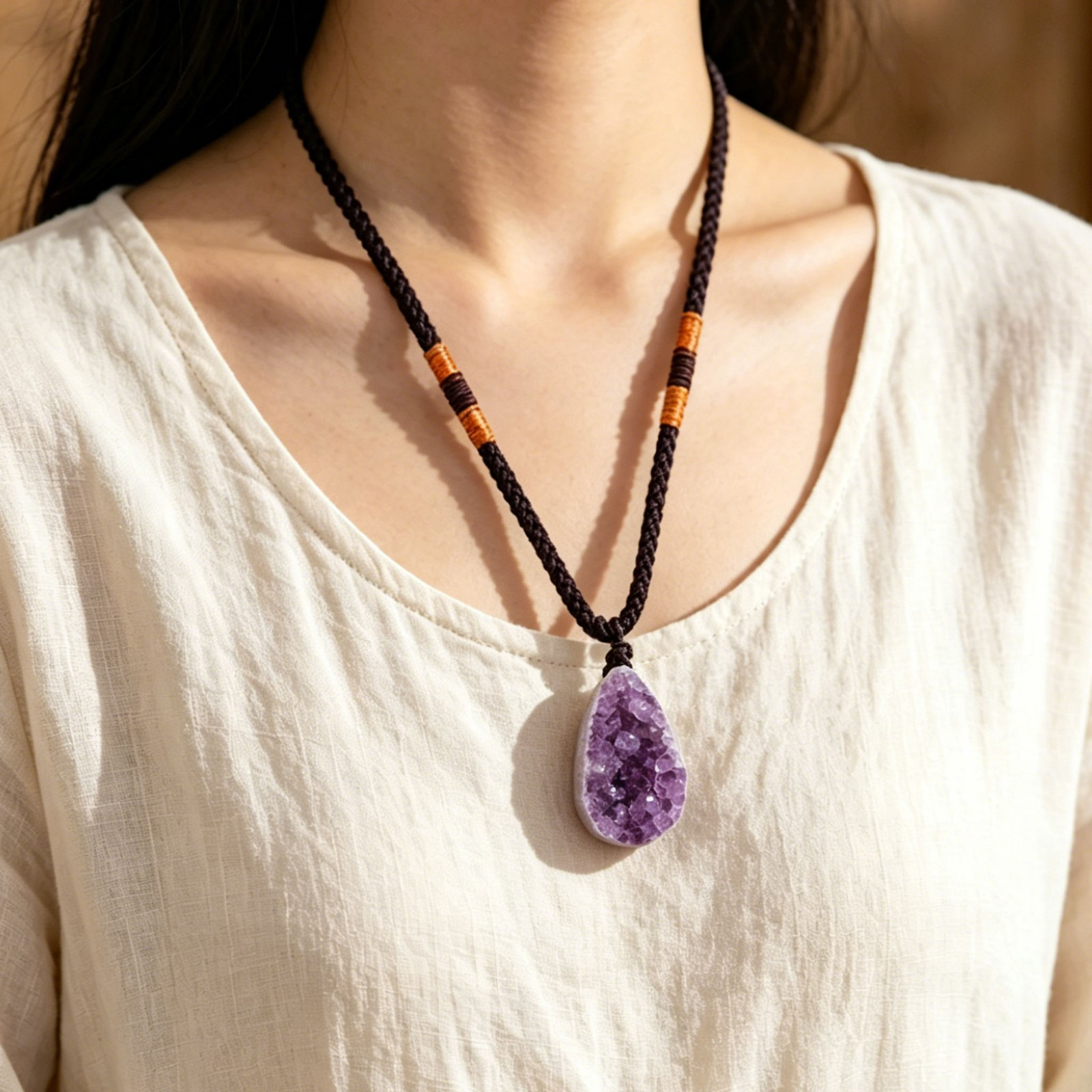 Raw Amethyst Cluster Necklace Purple Crystal Spiritual Protection Amulet Pendant