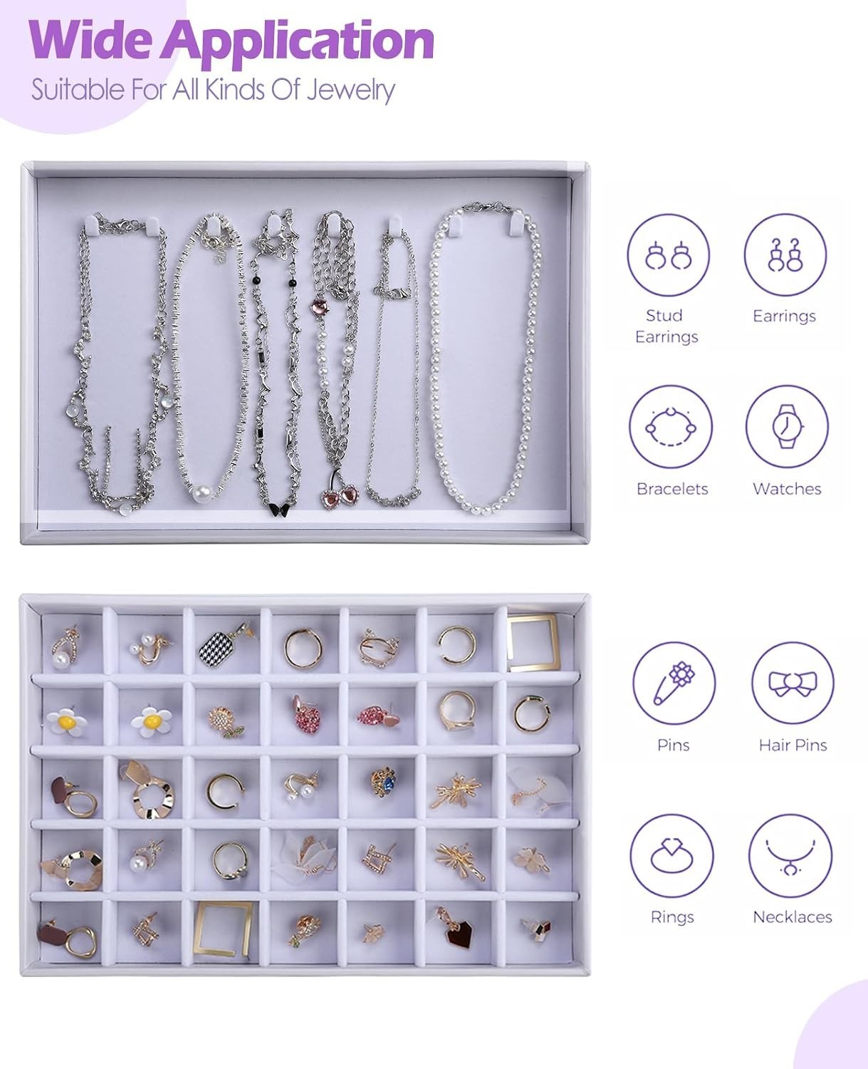 Set of 2 Faux Leather and Velvet Light Purple Stackable Jewelry Organizer Trays
