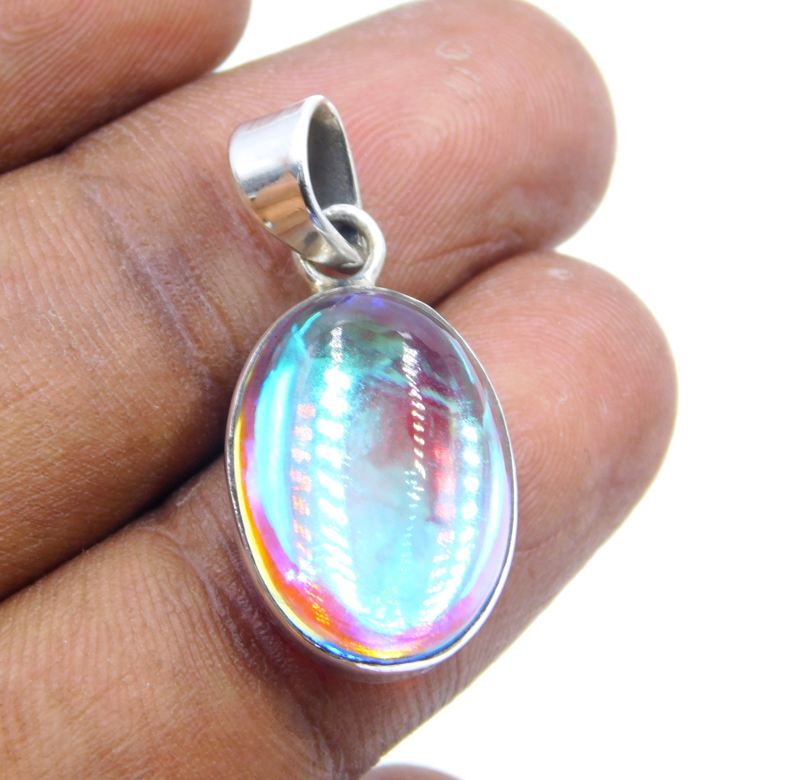 4.48 Gm 925 Sterling Silver Angel Aura Quartz Cab Gemstone Pendant Size 1.2″ in
