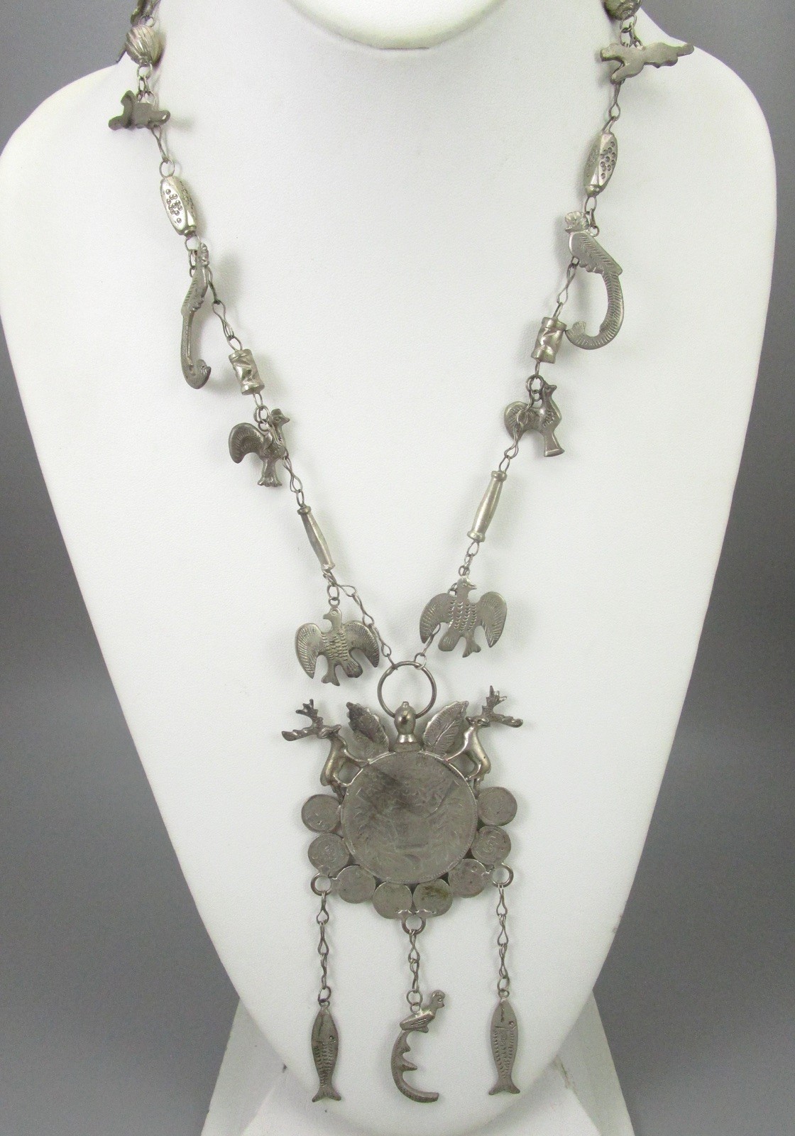 ANTIQUE GUATEMALAN CHACHAL MILAGRO 900 COIN SILVER 31″ NECKLACE 108G