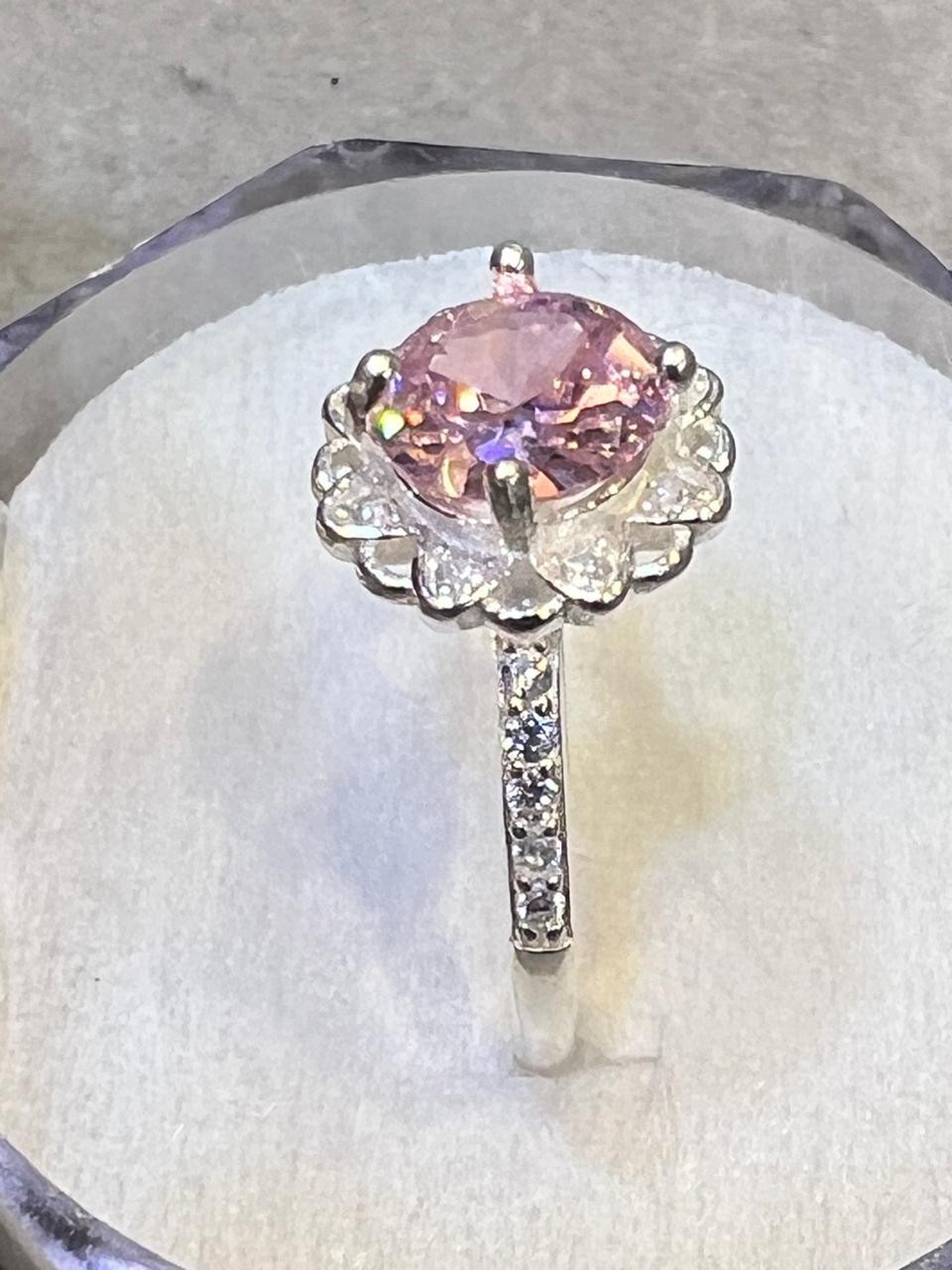 925 Silver Halo Ring, Pink Zircon Flower Engagement Ring, Handmade Promise Gift