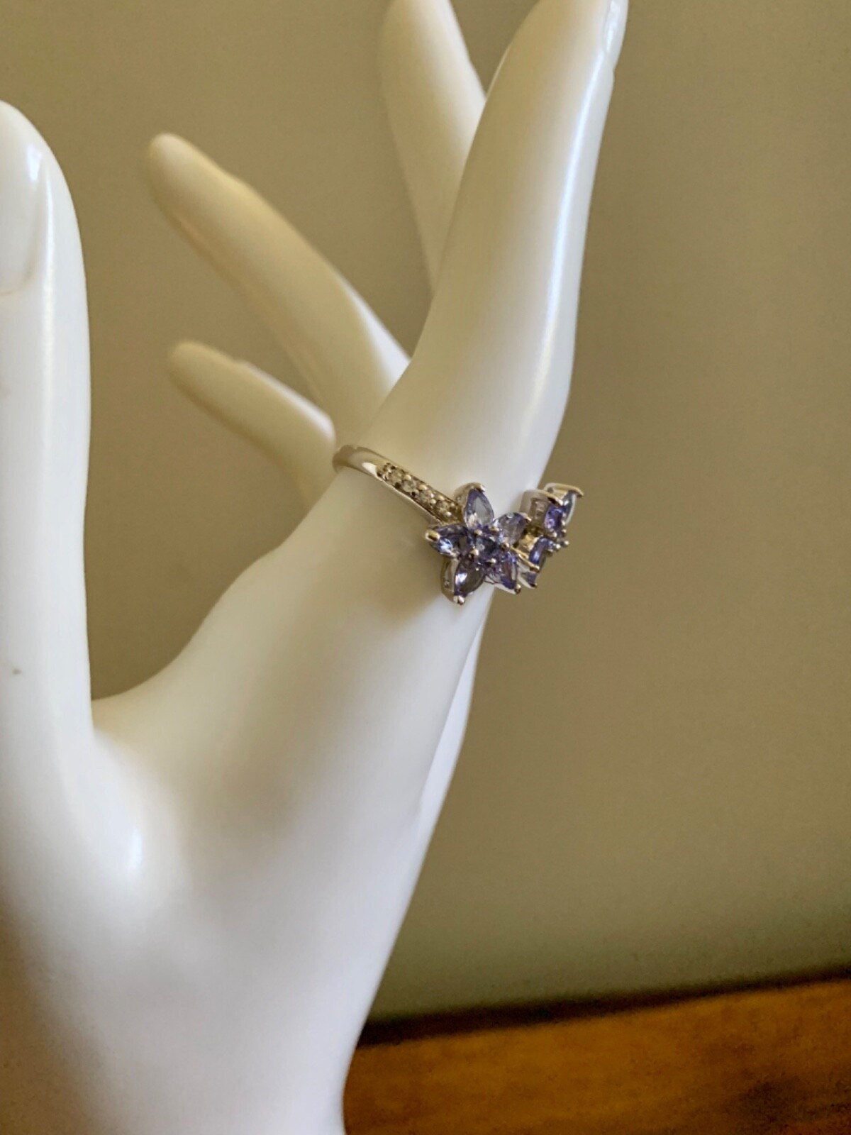 Tanzanite, Natural White Zircon Floral Bypass Ring in Sterling Silver (Size 9.0)