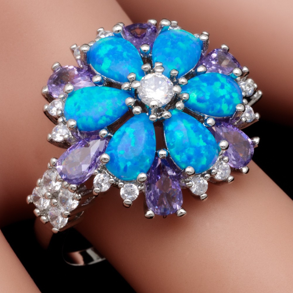 Simulated Amethyst 4×6 Blue Fire Opal CZ Silver Jewelry Cluster Ring Size 7 8 9