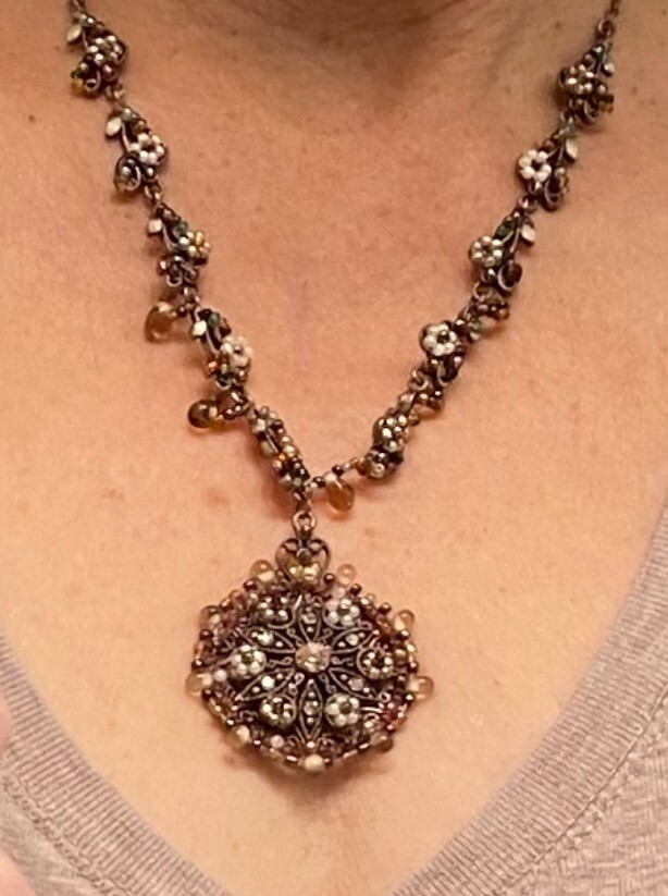 Vintage Copper Beaded Pendant Necklace Brown Golden Tones Old Czech Marked 