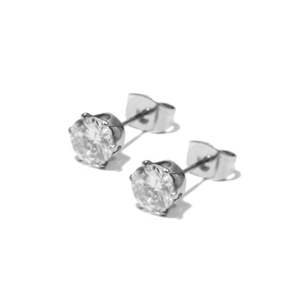 PAIR OF MENS TEEN EARRINGS STAINLESS STEEL ROUND ZIRCON DIAMONDS WHITE 5mm