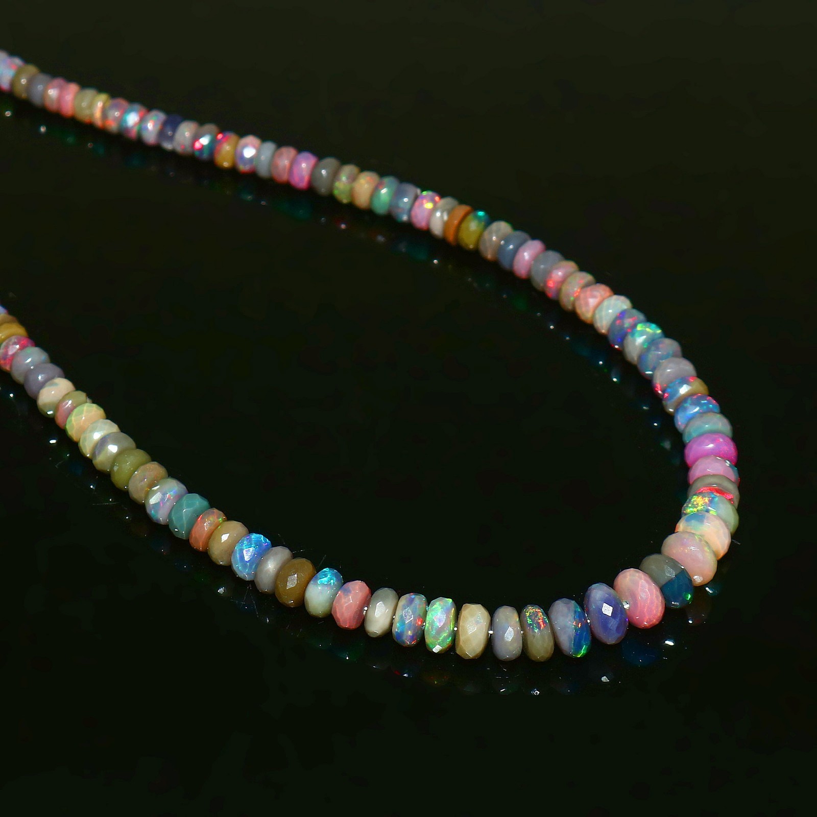 Ethiopian Welo Opal Faceted Round Bead Necklace Multi-Color Play of Fire 563