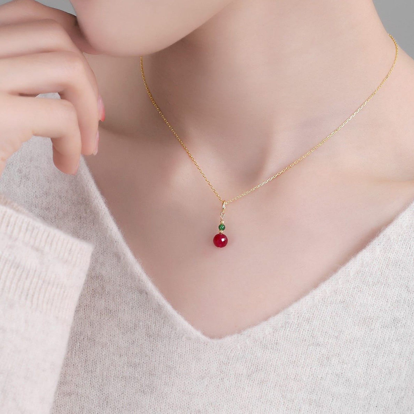 18K Gold Ruby Jadeite Pendant, Red & Green Charm Necklace, Fine Jewelry Gift