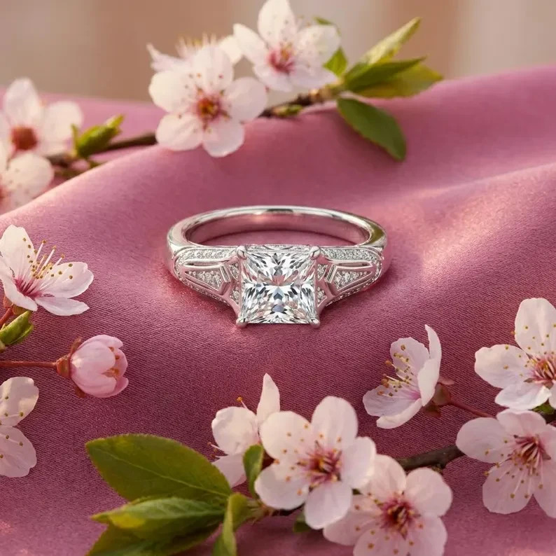 For Engagement Gift Ring 1.5CT Princess Lab Grown Diamond 14k Real White Gold