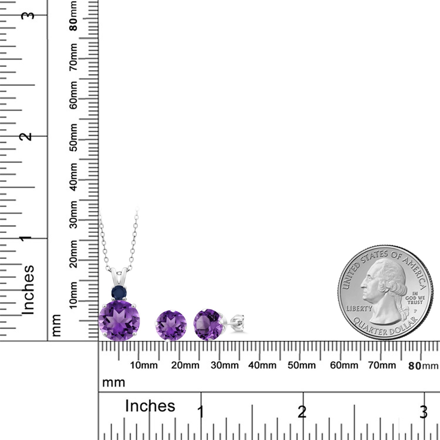 925 Sterling Silver Amethyst and Sapphire Pendant and Earrings Jewelry Set For