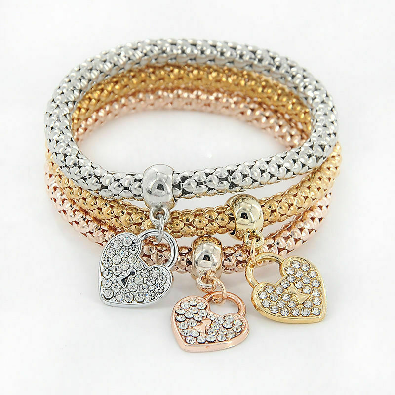 Silver Rose Gold White Topaz Heart Charm New Fashion Bracelet Bangle 3 in 1 Set