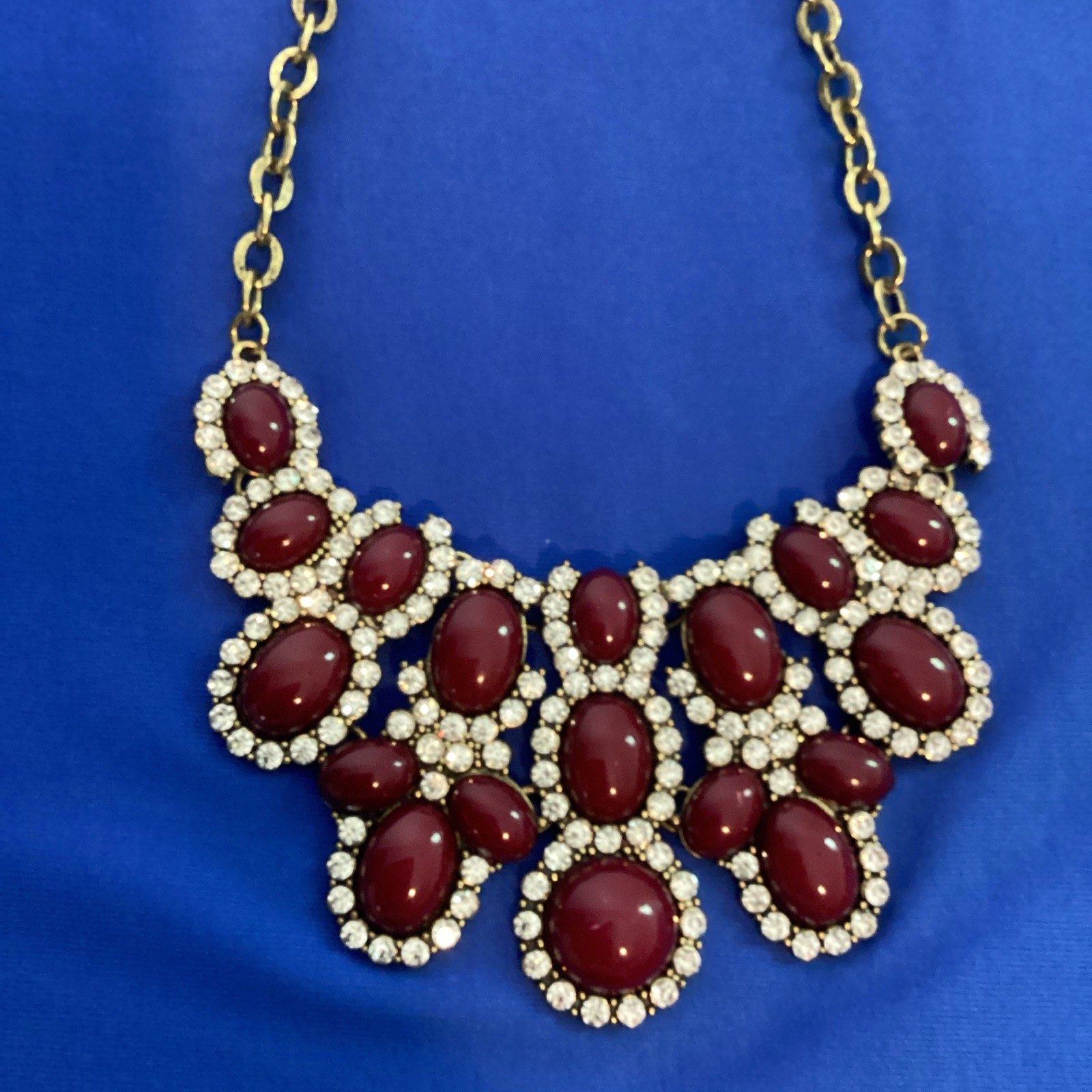 Vintage Burgundy Red Stone Diamonds Statement Necklace Costume Bling Glam Gold