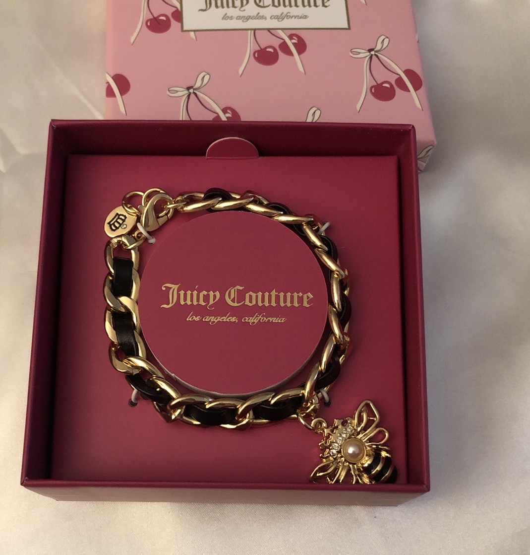 Juicy Couture Gold Tone & Woven Black Faux Leather Charm Bracelet Bee Charm NIB