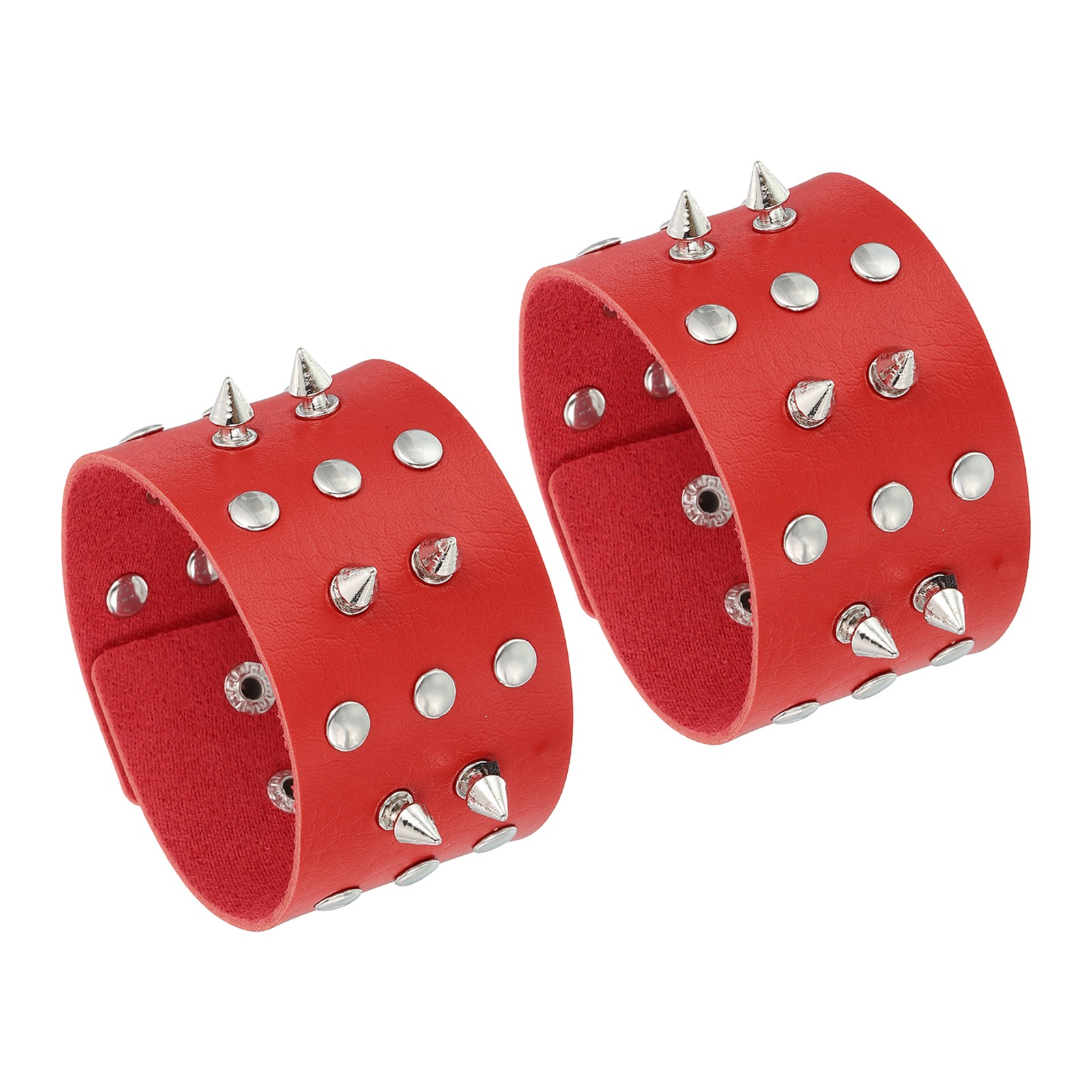 2Pcs Leather Punk Bracelet 9.8″/25cm Layered Row Spikes Goth Bracelet Red
