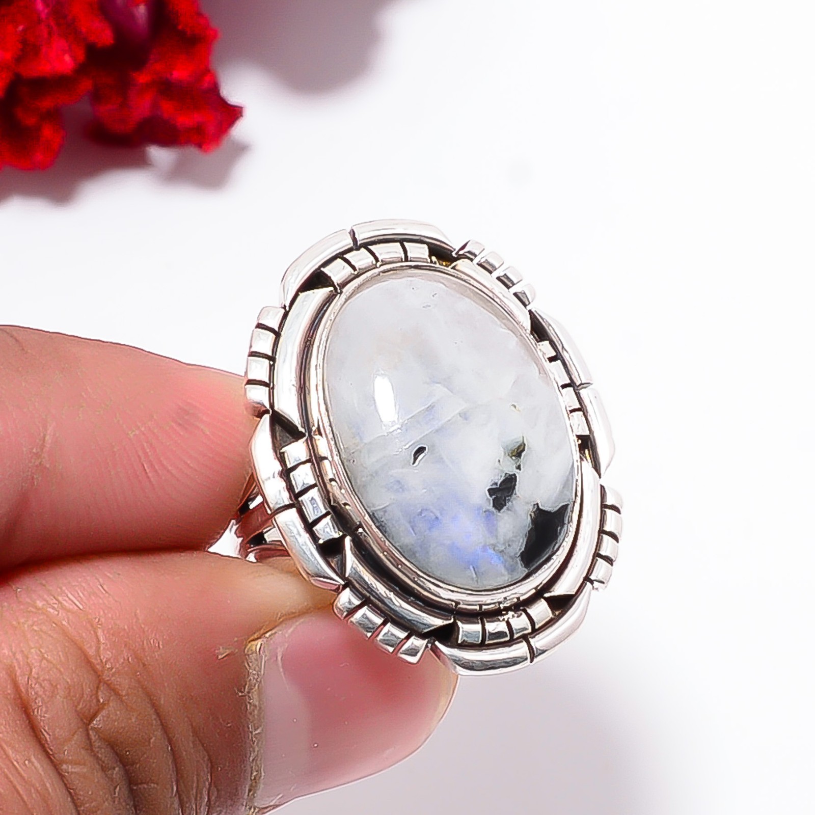 Rainbow Moonstone With Black Tourmaline – India 925 Sterling Silver Ring S.8 R61
