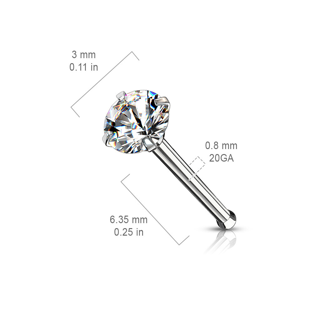 14K Solid Yellow Gold Bar Nose Stud Diamond ,Bone End 20 Gauge 7mm