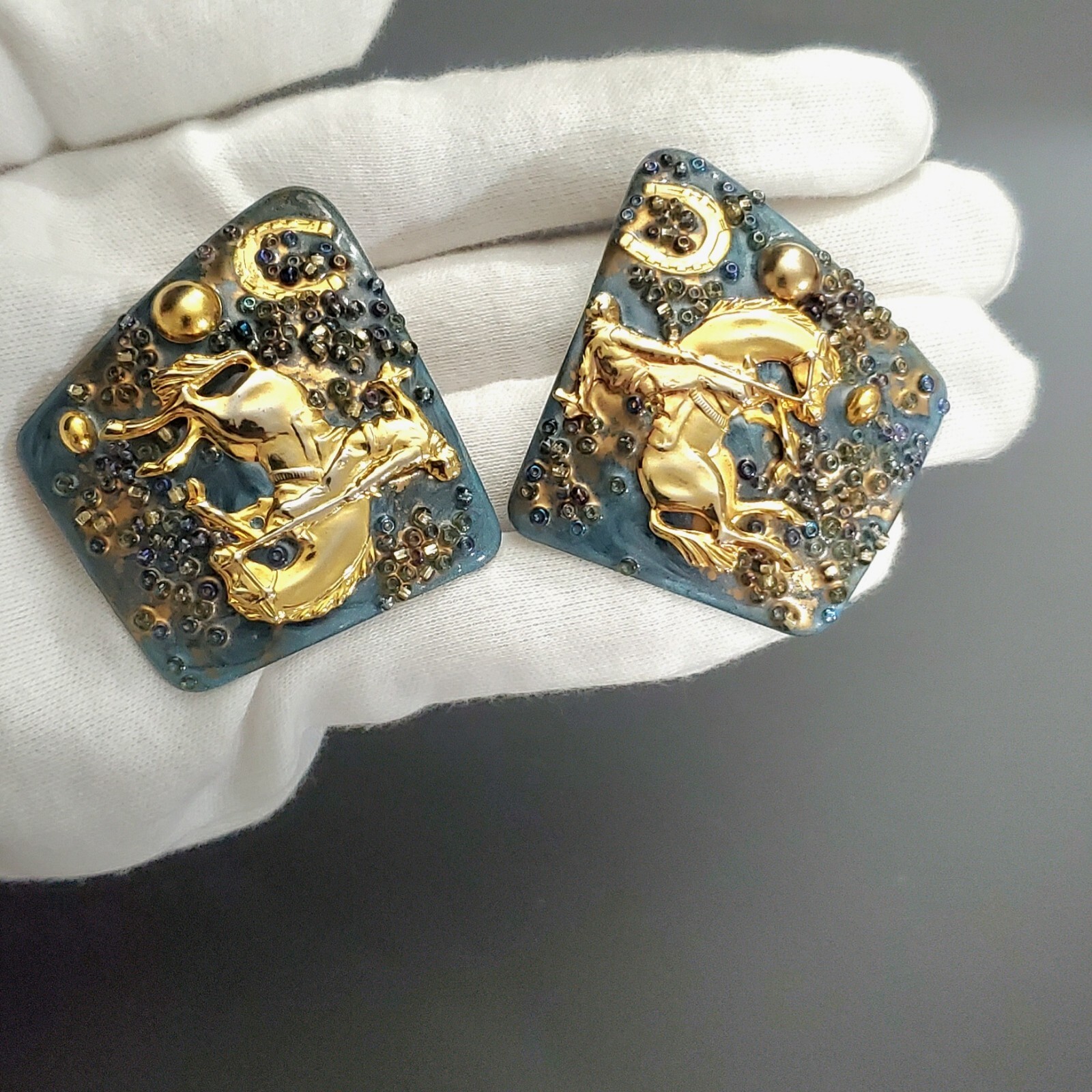 One-of-a-Kind Vintage Rodeo Cowboy Enamel Artistic Earrings OOAK Horse Horseshoe