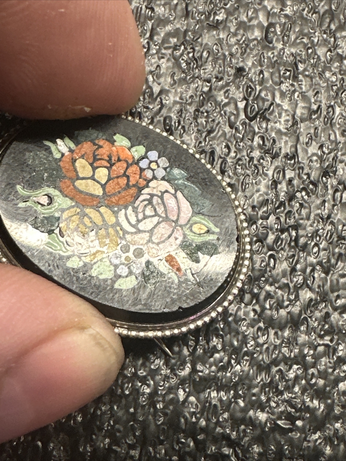 Antique Pietra dura inlay stone victorian brooch As Is