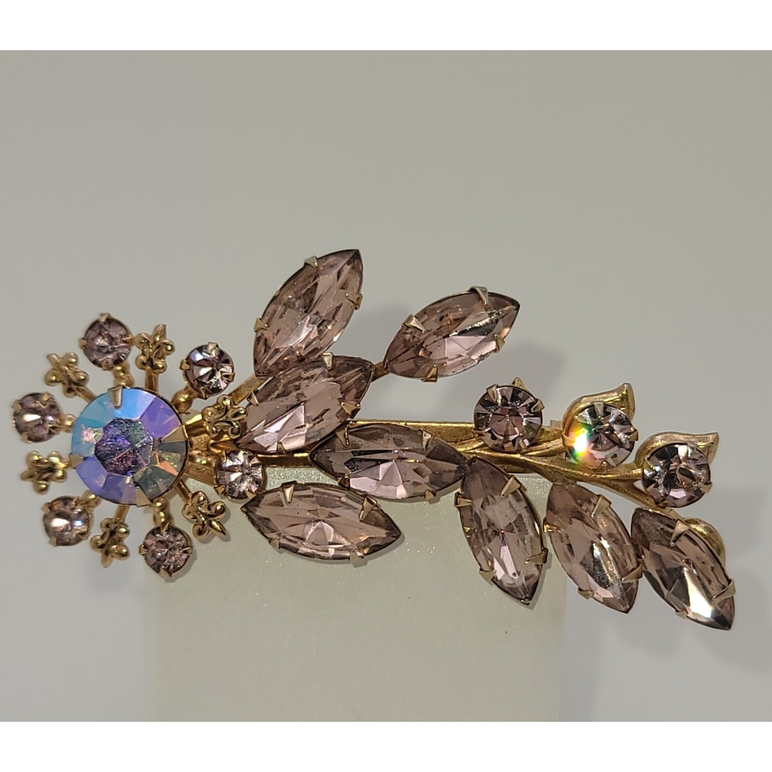 Vintage Lavender Rhinestone Floral Brooch Central Aurora Borealis Stone