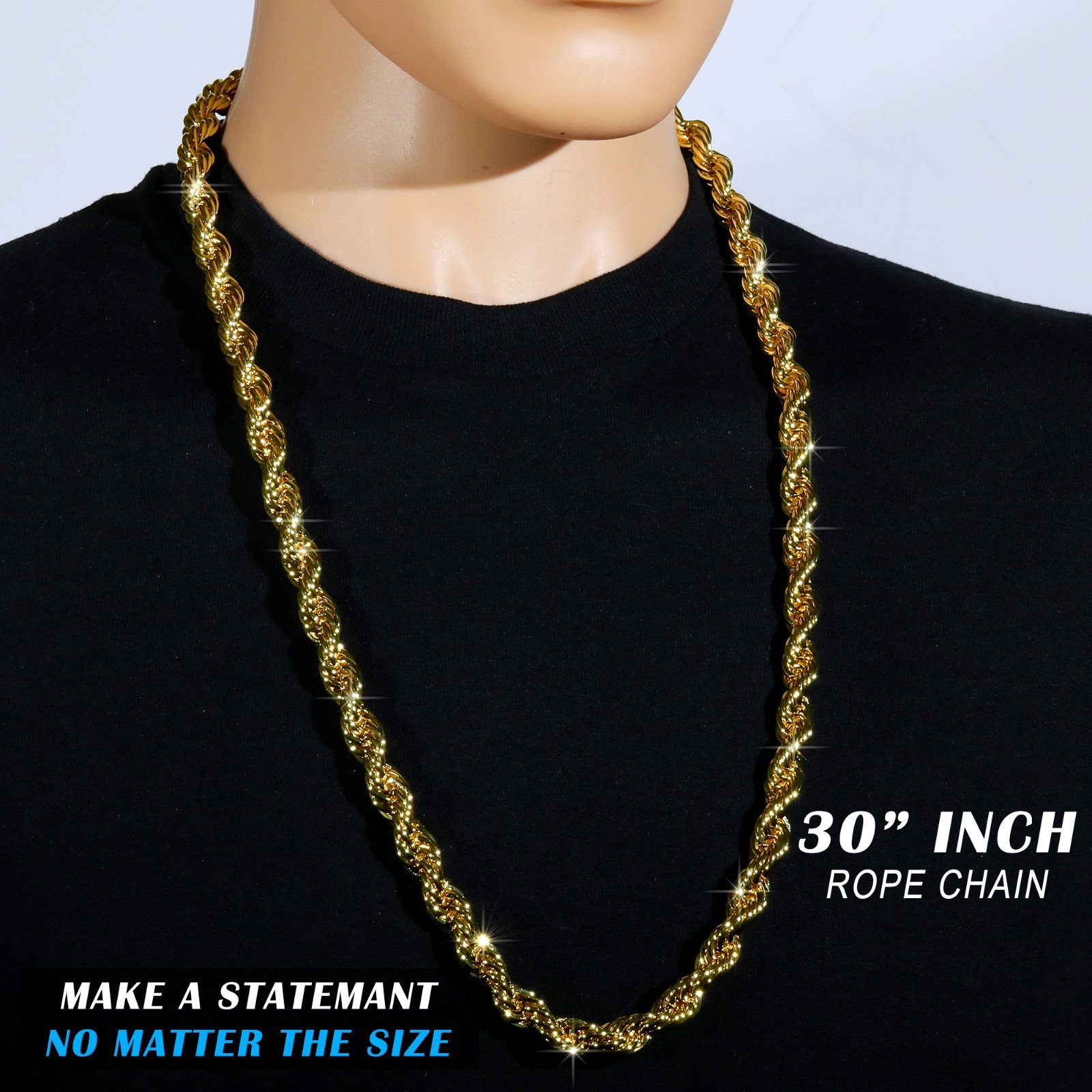 Rope Chain Necklace 10mm 30″ Gold Plated Silver Black & Rose Men Hip Hop Jewelry