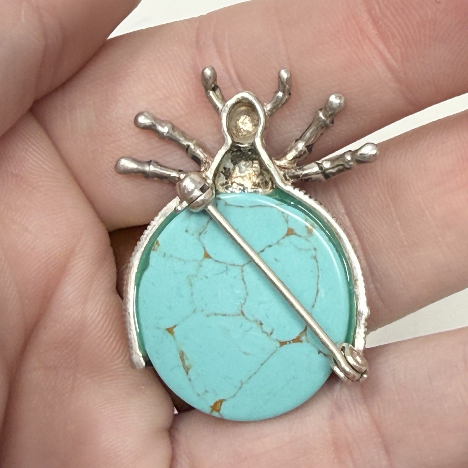 Vintage Sterling Silver Marcasite Bug Brooch Turquoise Cabochon Insect 925