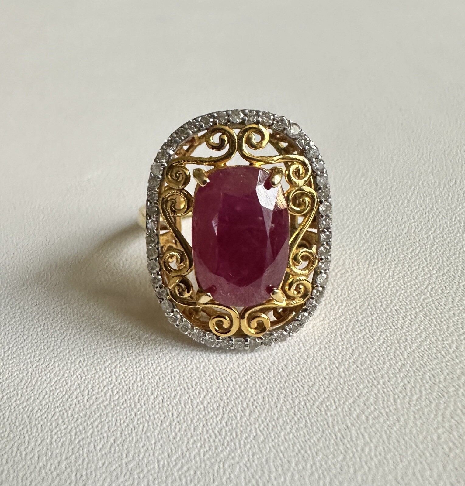 A Custom Handmade Certified 6.29cts Natural MogokRuby & Diamonds 14k y gold ring