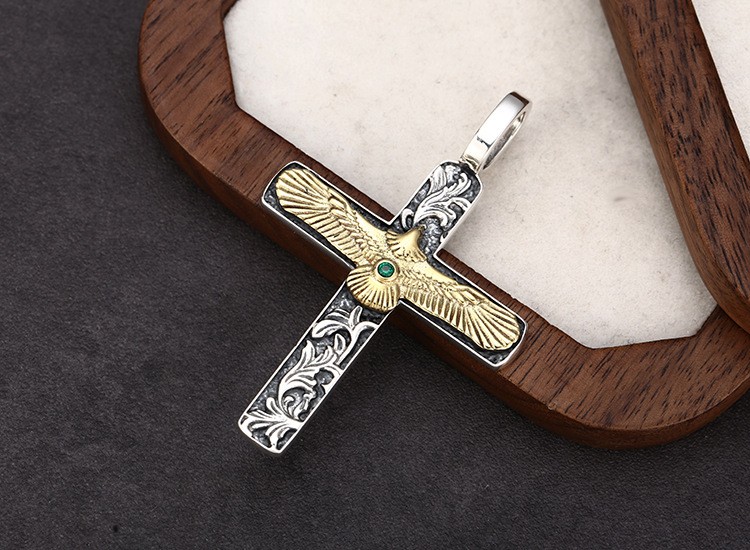 Majestic Eagle Cross Pendant Two-Tone S925 Silver Baroque Freedom Amulet for Men