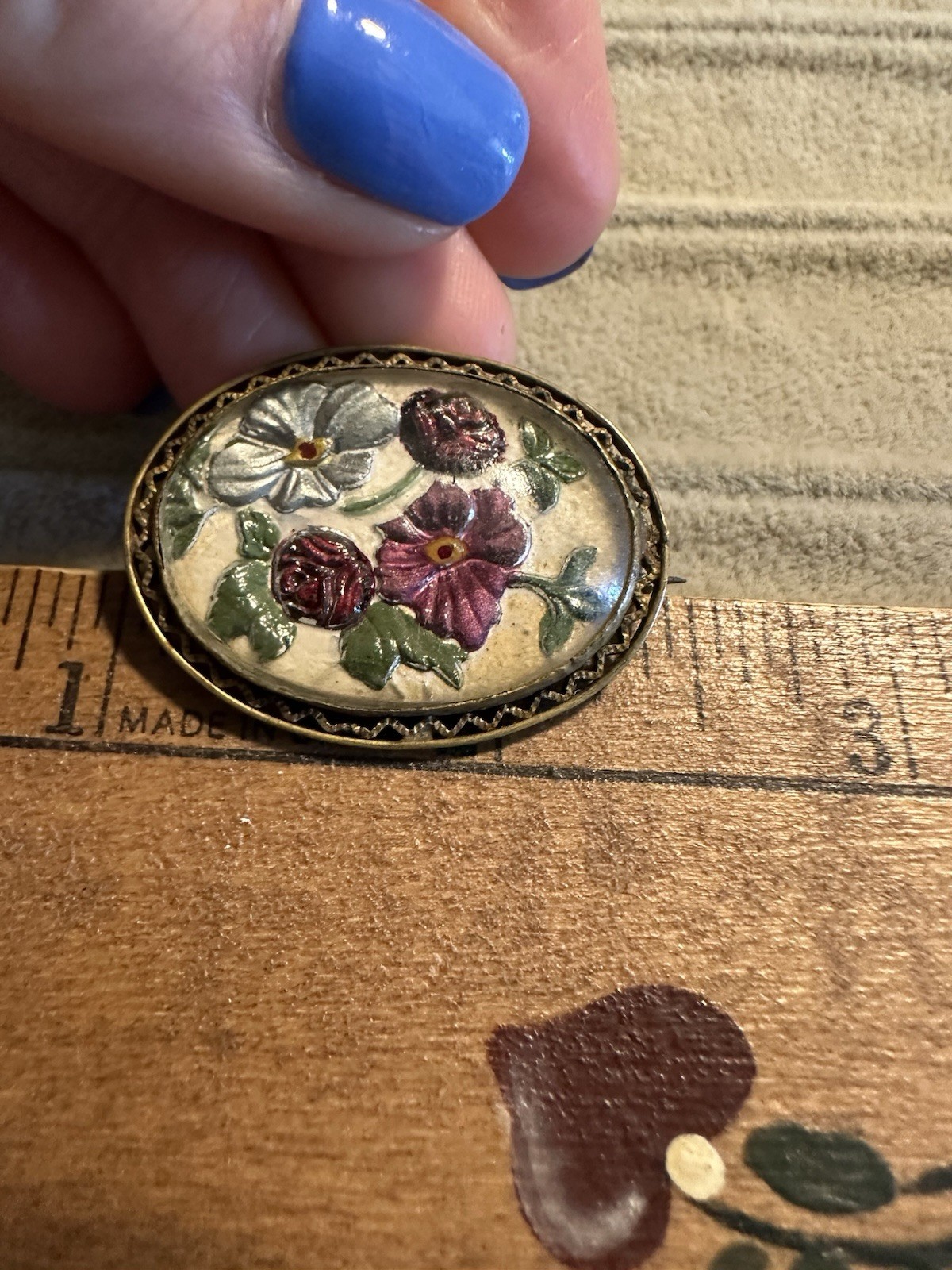 Antique Goofus Glass Dome Reverse Painted Floral Oval Brooch