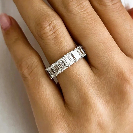 4.50Ctw Emerald Moissanite Full Eternity Wedding Band In 14k White Gold Plated