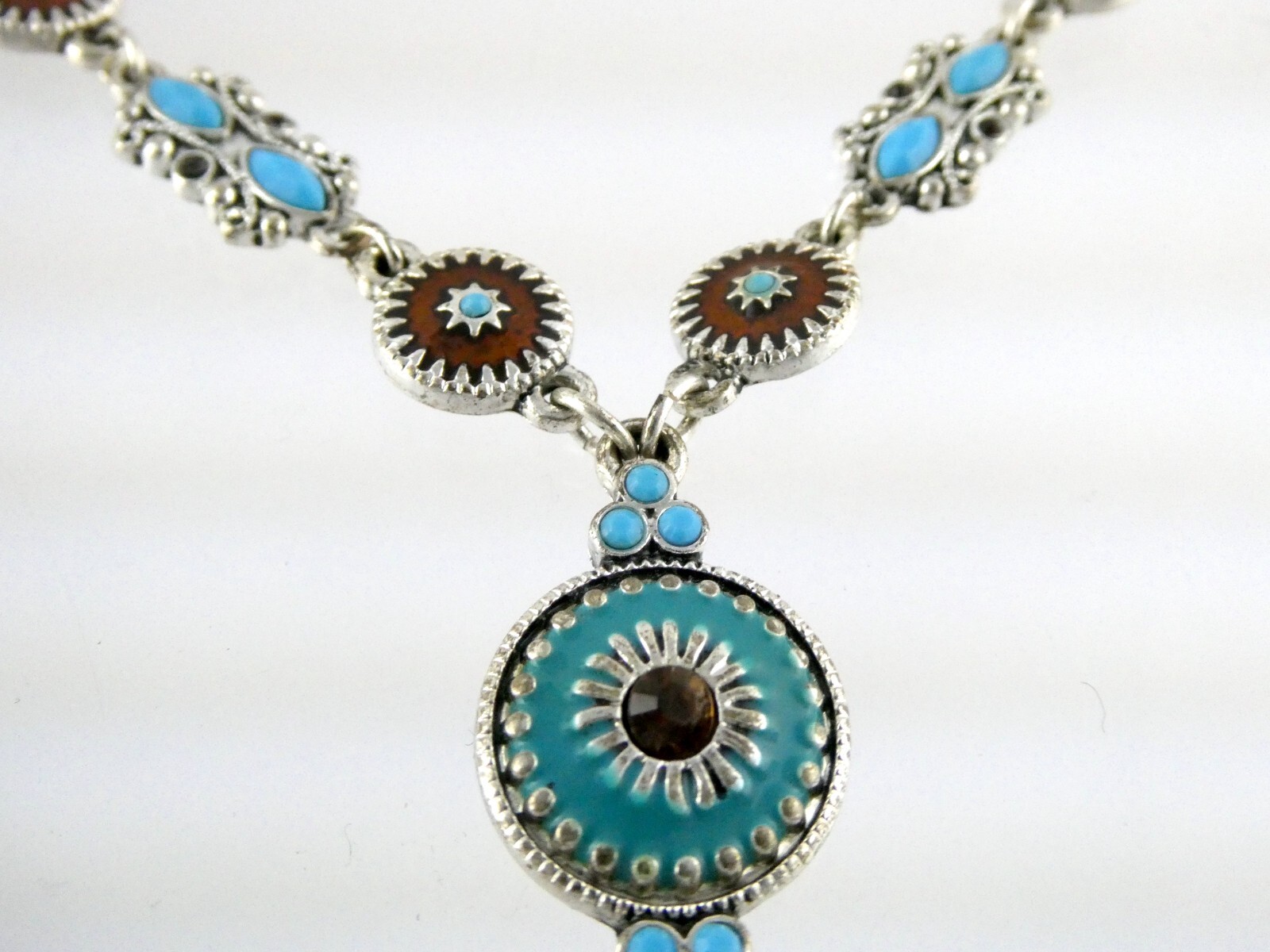 NAT Designer Southwestern Silvertone Metal and Enamel Blue and Brown Necklace