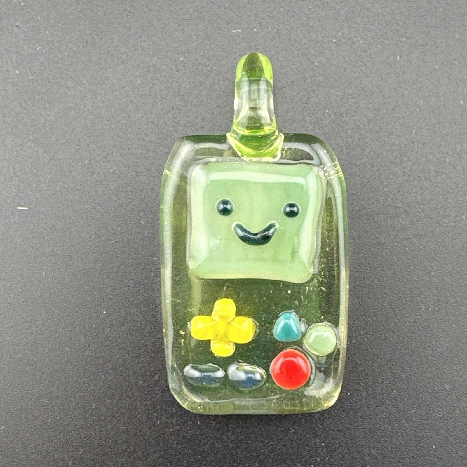 Handmade Uranium Glass Art Video Game BMO Pendant UV Reactive Green UG Boro Ion