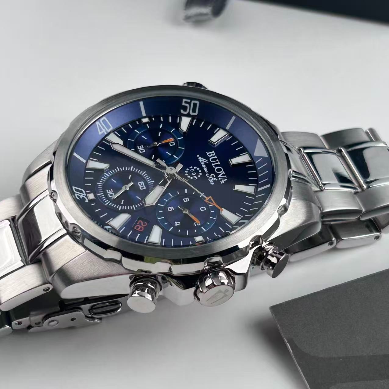 New Bulova Marine Star 96B256 Blue Dial Men’s Chronograph Quartz Watch 43 mm