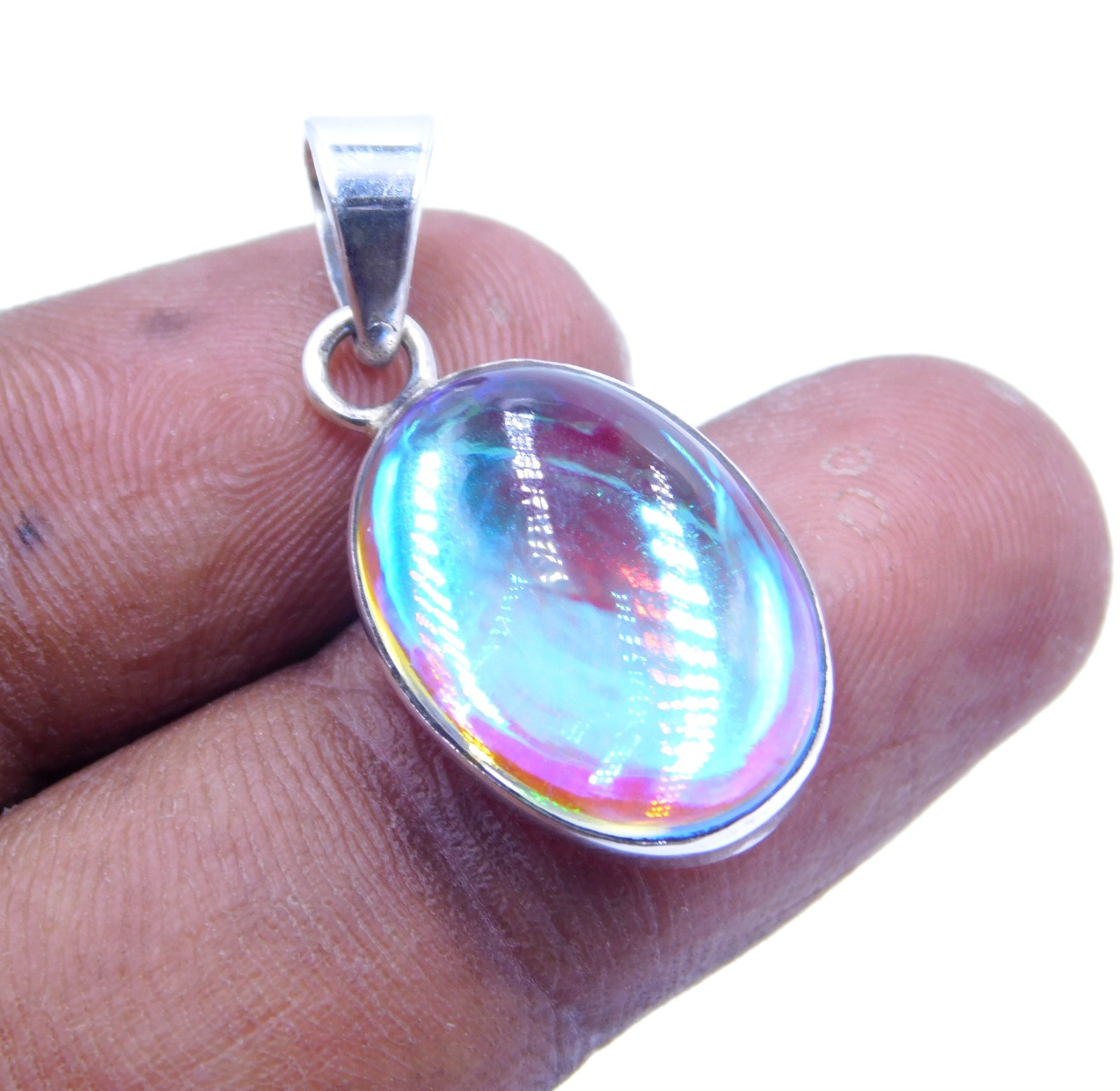 4.48 Gm 925 Sterling Silver Angel Aura Quartz Cab Gemstone Pendant Size 1.2″ in