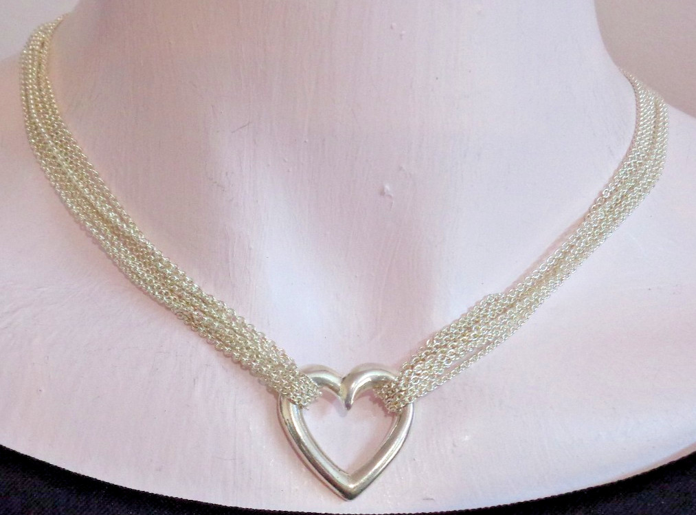 Sterling Silver Necklace Multi Chain Stationary Heart Pendant 17″ OTC ITALY