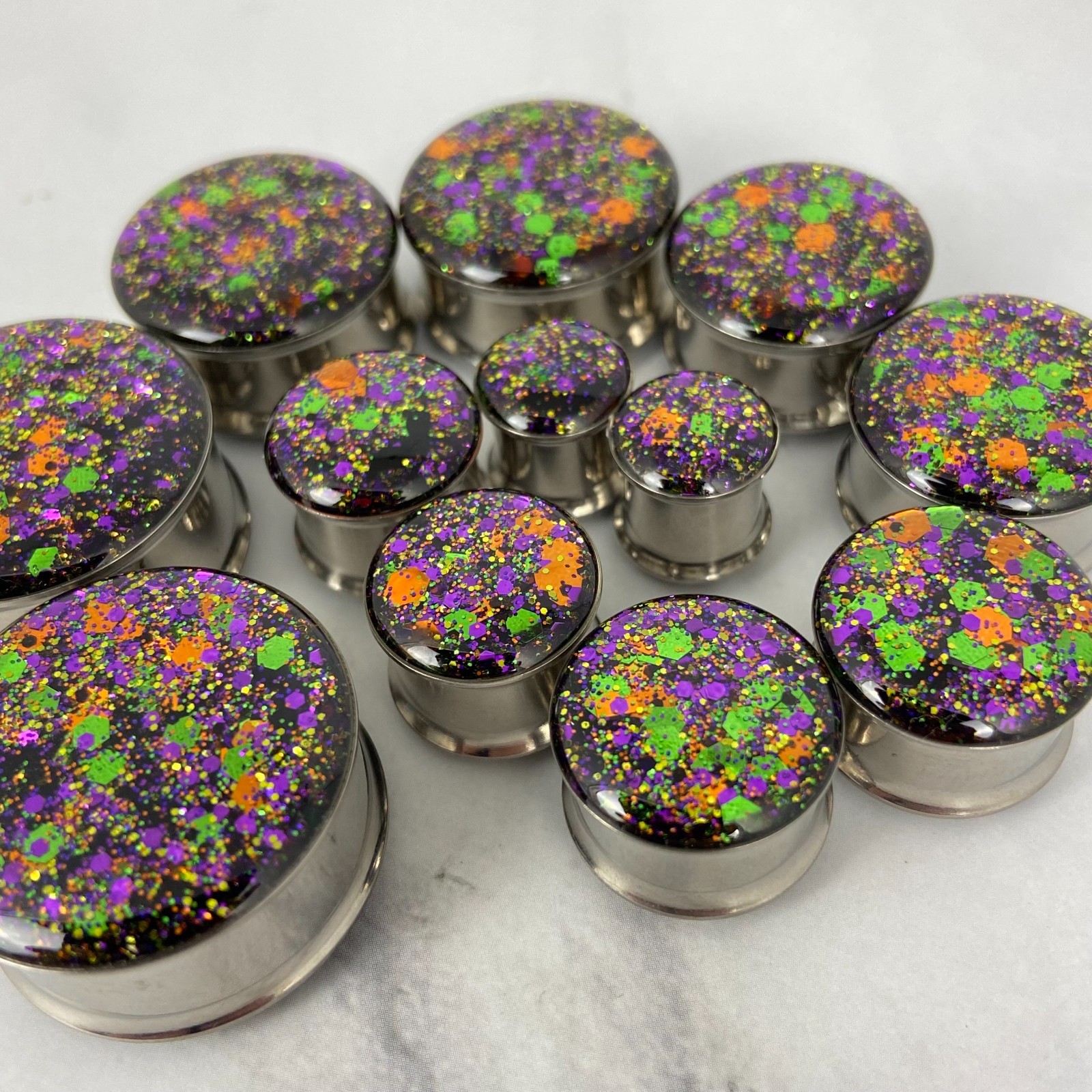 Embedded Halloween Glitter Steel Plugs (MTO-051) gauges pair handmade