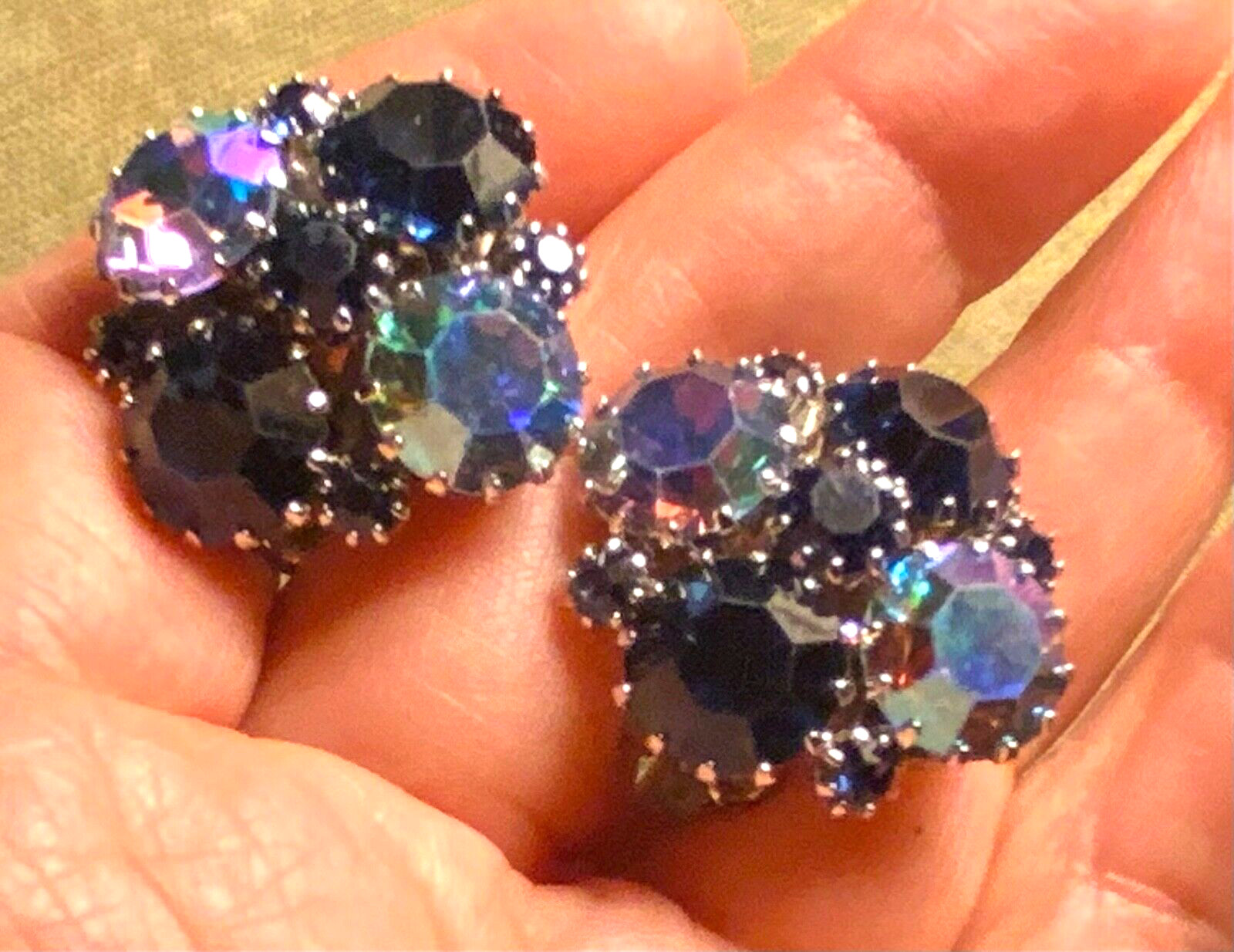 WEISS EARRINGS ROUND MULTICOLOR RHINESTONE CLIP ON ABOUT 1 INCH LONG