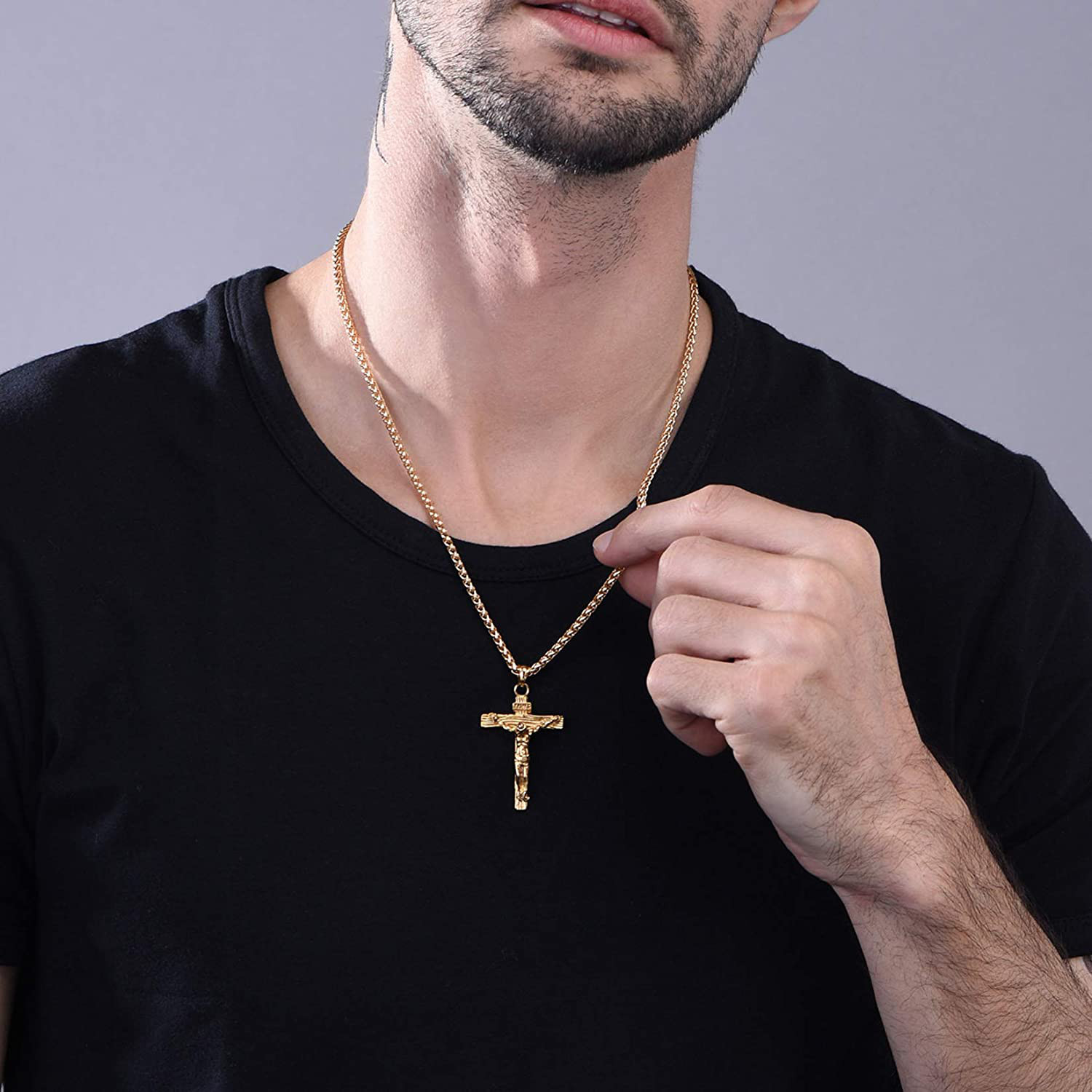 Cadena para Hombres Oro Chapado 18k Cz Cruz de Jesus Colgante Collar Figaro 22
