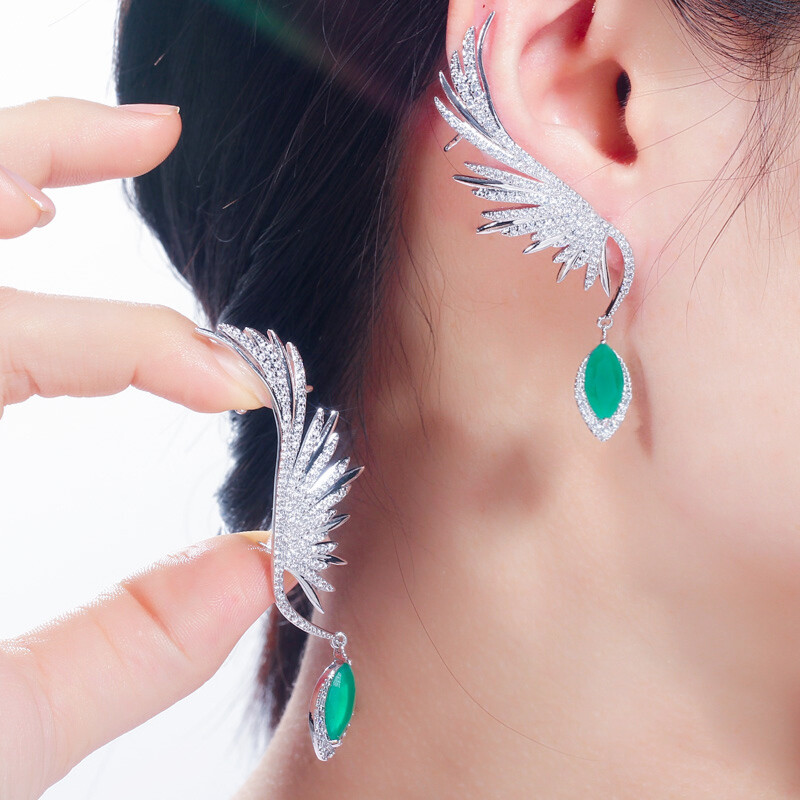 Women Silver Plated Cubic Zircon Dangle Drop Long Feather Wing Ear Cuff Earrings