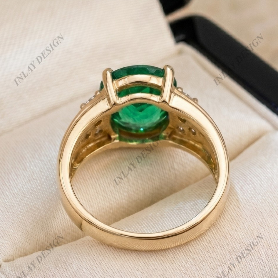 Princess Cut Oval Green Emerald 14k Yellow Gold Plated Unisex Ring For him