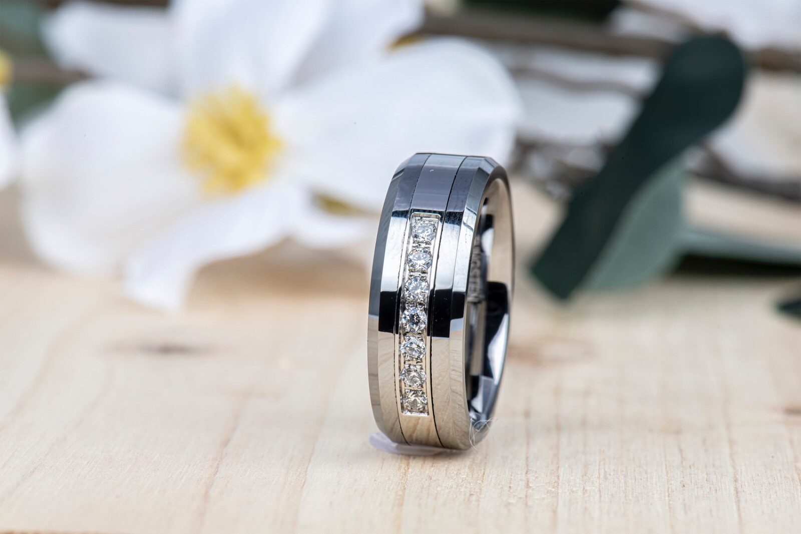Mens Wedding Ring Tungsten Ring Gemstone Inlay Beveled Edges Tungsten Band