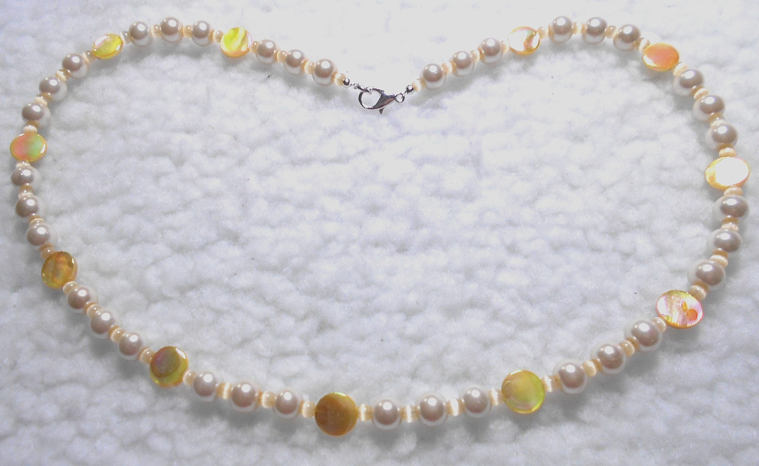 Yellow Shell discs, Cream Glass Pearls, 55cm, 21.5″, Necklace. Handmade. (1B1)