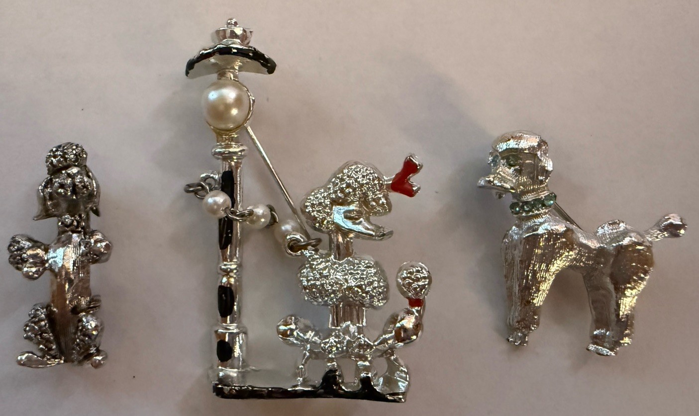 Vintage Poodle Dog Brooch Pin Lot of 3 Jerry’s Rhinestone Faux Pearl Enamel